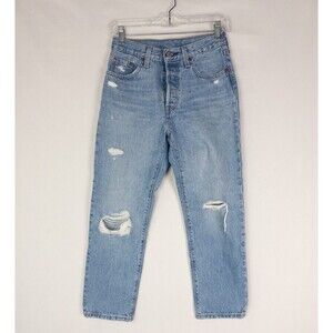 Levis 501 Jeans Womens 25x26 Light‎ Wash Distressed High Rise Red Tab Straight